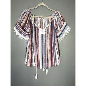 Florence Florencia Striped Boho 100% Linen Top Womens M Off Shoulder Tomato Girl